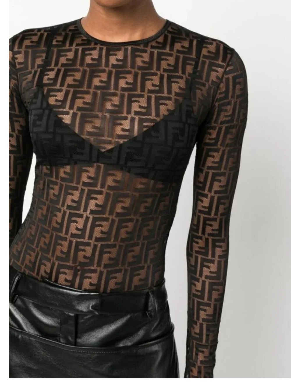 Fendi Black Sheer FF Monogram Long-Sleeve Mesh Top